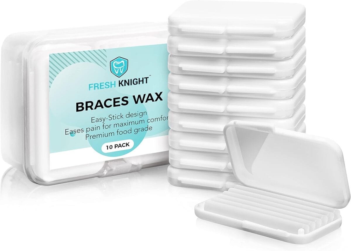 Braces Wax,10 Pack. Dental Wax for Braces & Aligners, Unscented & Flavorless - 50 Premium Orthodontic Wax-Strips. White Cases. Includes storage case. Food Grade ortho bracewax. Fresh Knight. (White)