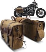 NICECNC Motorcycle Saddle Bags, Vintage Oil Waxed Canvas Motorcycle Saddlebags, Motorcycle Panniers Side Throw Over Saddle Bags Compatible with Harley Honda Suzuki Yamaha Adventure Street Glide Brown
