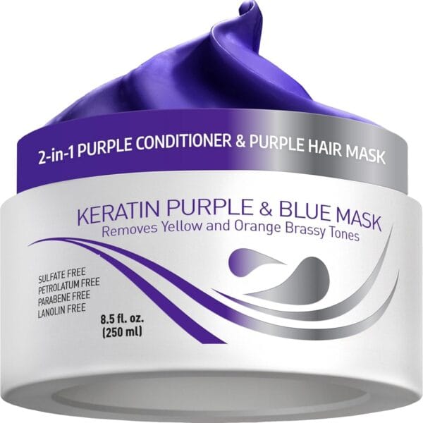 VITAMINS hair cosmetics Keratin Purple Hair Mask - Violet Blue Protein Deep Conditioner Treatment - Toner for Blonde Platinum Silver Gray Ash or Brown Colored Dry and Damaged Brassy Hair