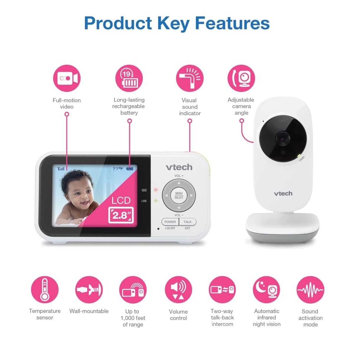 VTech VM819 Baby Monitor with Camera and Audio, 2.8 Screen Portable Baby Camera, Night Vision, 2-Way Audio, Temperature Sensor and Lullabies, Secure Transmission No WiFi, Ideal for Baby/Elderly/Pet
