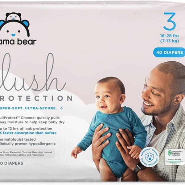 Amazon Brand - Mama Bear Plush Protection Diapers - Size 3, 40 Count, Hypoallergenic Premium Disposable Baby Diapers, White and Cloud Dreams