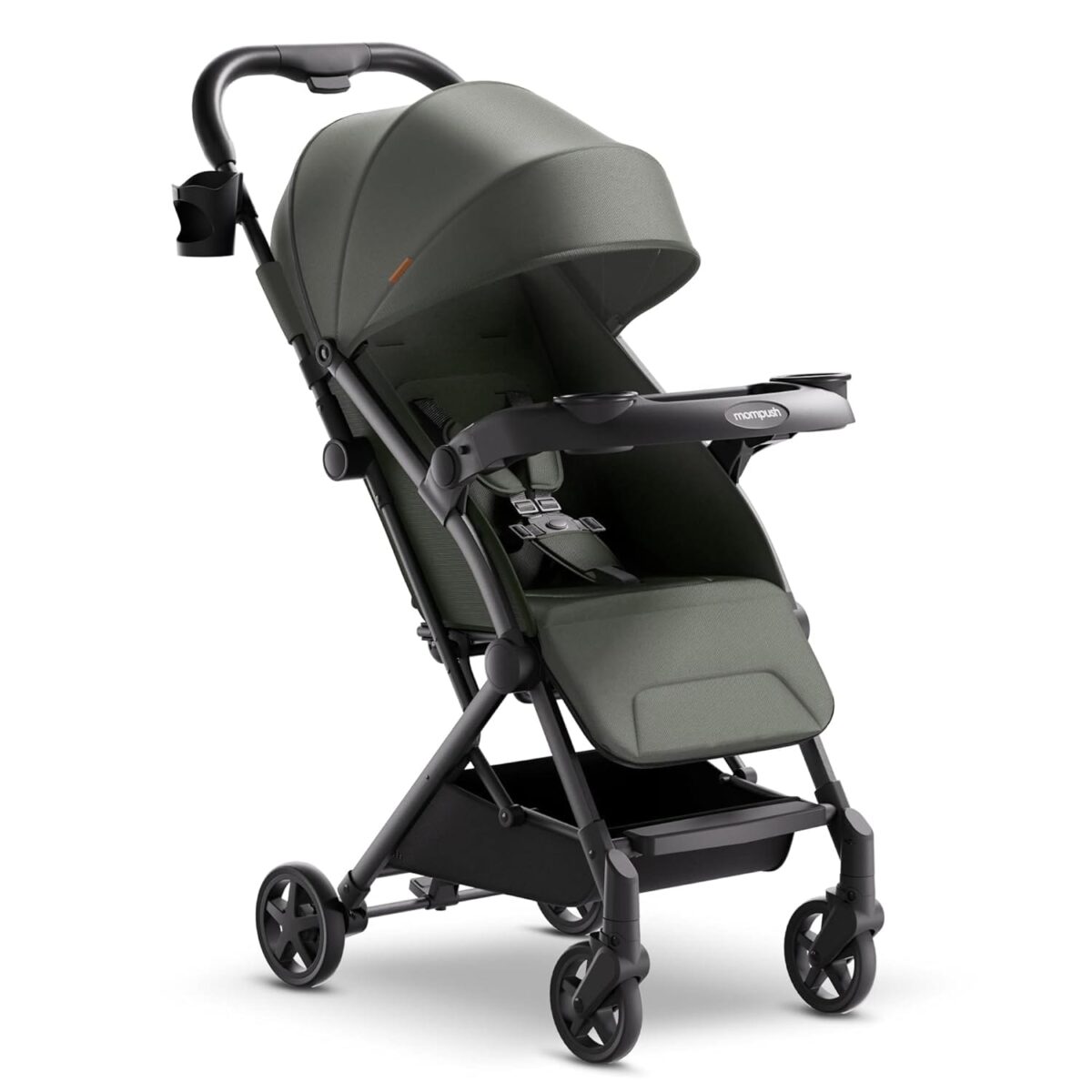 Mompush Lithe V2 Lightweight Stroller with Snack Tray, Ultra Compact Fold & Airplane Ready Travel Stroller, Near Flat Recline Seat, Cup Holder, Raincover & Travelbag Included
