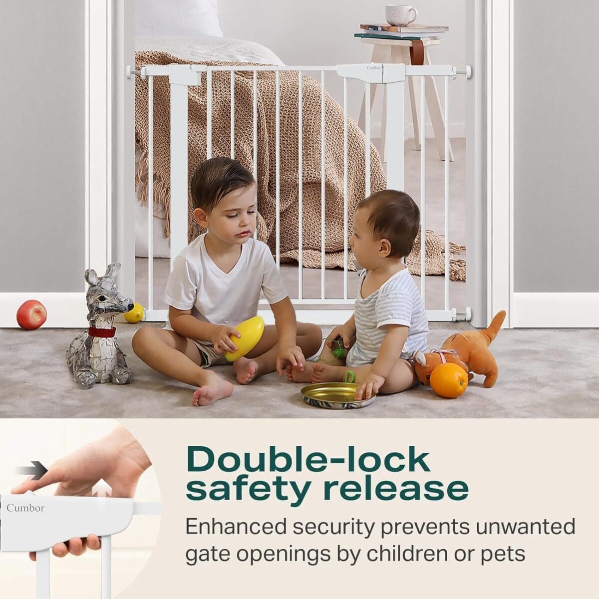 Cumbor 29.7-40.6″ Baby Gate for Stairs, Mom’s Choice Awards Winner-Dog Gate for Doorways, Pressure Mounted Self Closing Pet Gates for Dogs Indoor, Durable Safety Child Gate with Easy Walk Thru Door