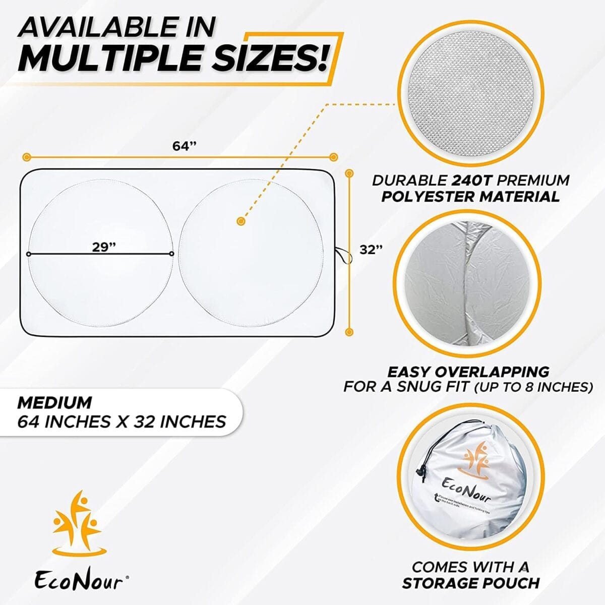 EcoNour Car Windshield Sun Shade | Reflective Sunshade for Ultimate Protection | Overlapping Design | 240T Polyester | Fits Small Sedans, Mini SUVs, Hatchbacks | Medium (64×32 inches)