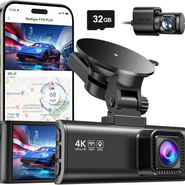 REDTIGER Dash Cam Front Rear, 4K/2.5K Full HD Dash Camera for Cars, Included 32GB Card, Built-in Wi-Fi GPS, 3.16 IPS Screen, Night Vision, 170Wide Angle, WDR, 24H Parking Mode(F7NP)