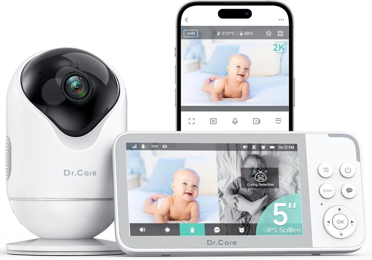 VistaView Smart WiFi Baby Monitor - 5 1080P Split Screen & 2K Camera App Control, Cry & Motion Alerts, HD Night Vision, 5000mAh Battery, 2-Way Talk, Multi-User, Triple Security, 1279ft Range