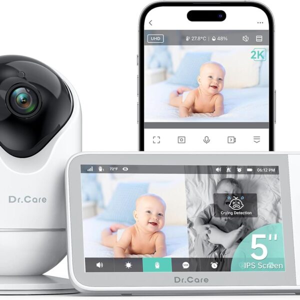 VistaView Smart WiFi Baby Monitor - 5 1080P Split Screen & 2K Camera App Control, Cry & Motion Alerts, HD Night Vision, 5000mAh Battery, 2-Way Talk, Multi-User, Triple Security, 1279ft Range