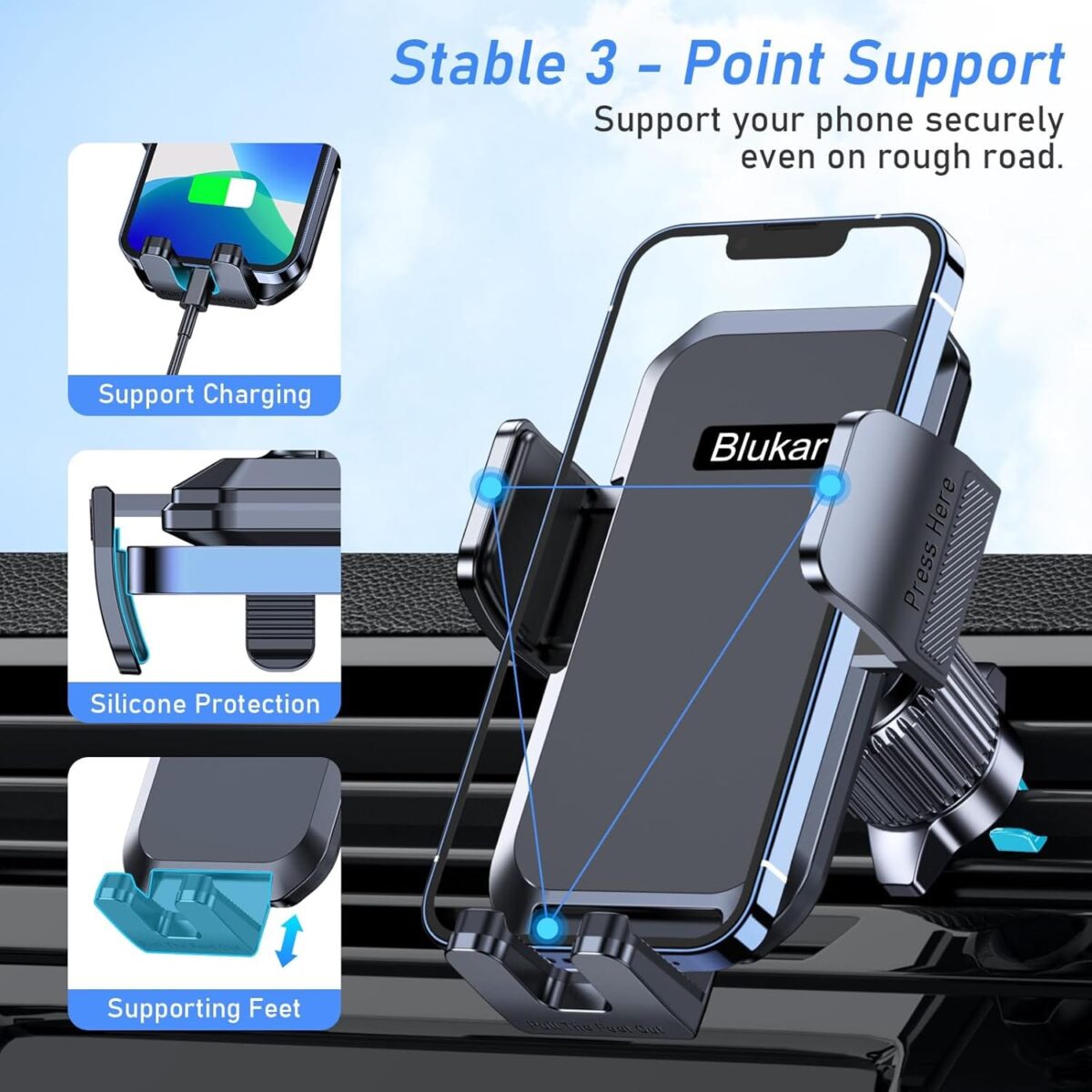 Car Phone Holder Mount, Super Stable Air Vent Cell Phone Car Mount with 2025 Metal Hook Clip, 360 Rotation,One Button Release for iPhone, Samsung, Google, and All Other Smartphones