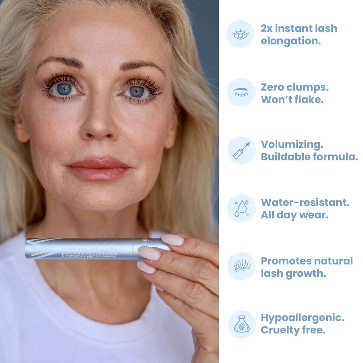 PrimeLash Mascara for Older Women  Volumizing, Incredible Length in 2 Coats  Long-Stay, Zero Clumps, Hypoallergenic (Black)