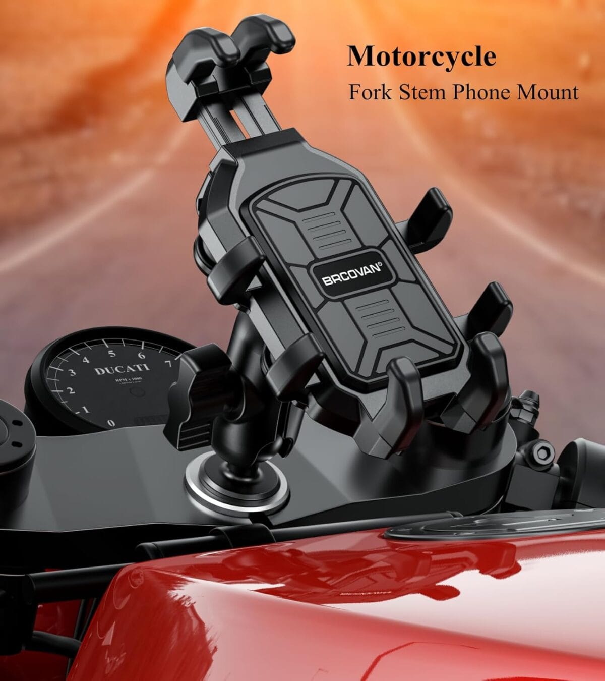 BRCOVAN Motorcycle Fork Stem Phone Mount with Vibration Dampener, Adjustable Heavy Duty Motorcycle Cellphone Holder Fit Stem Tubes 12mm-25.4mm in Diameter, Compatible with 5.4”-7.2” Smartphones