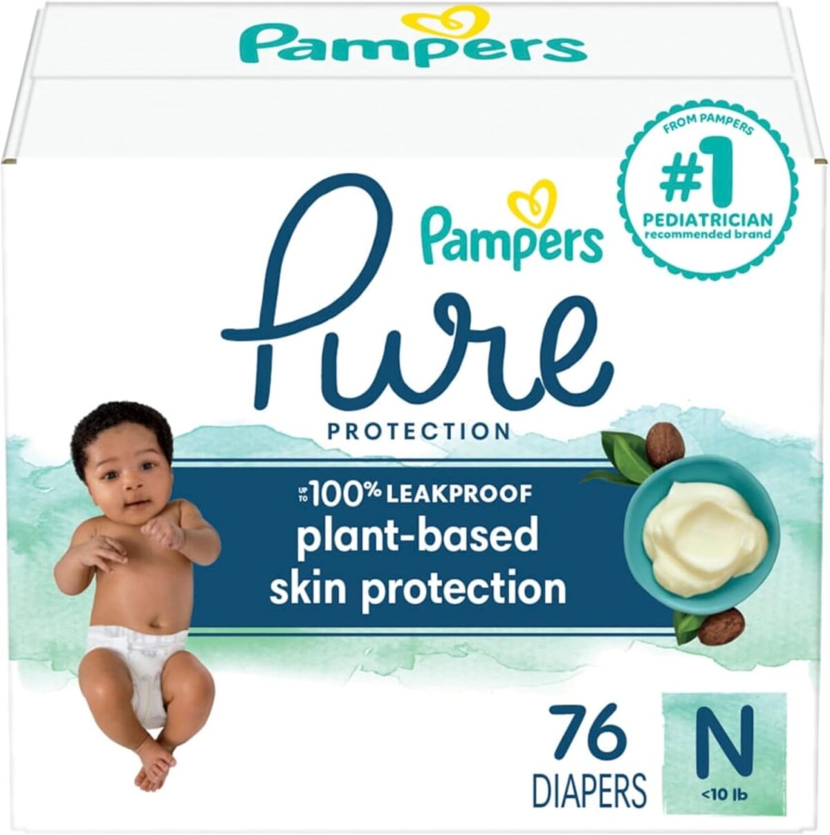 Pampers Pure Protection Diapers, Size 0, 76 Count for Up to 100% Leakproof, Plant-Based Skin Protection