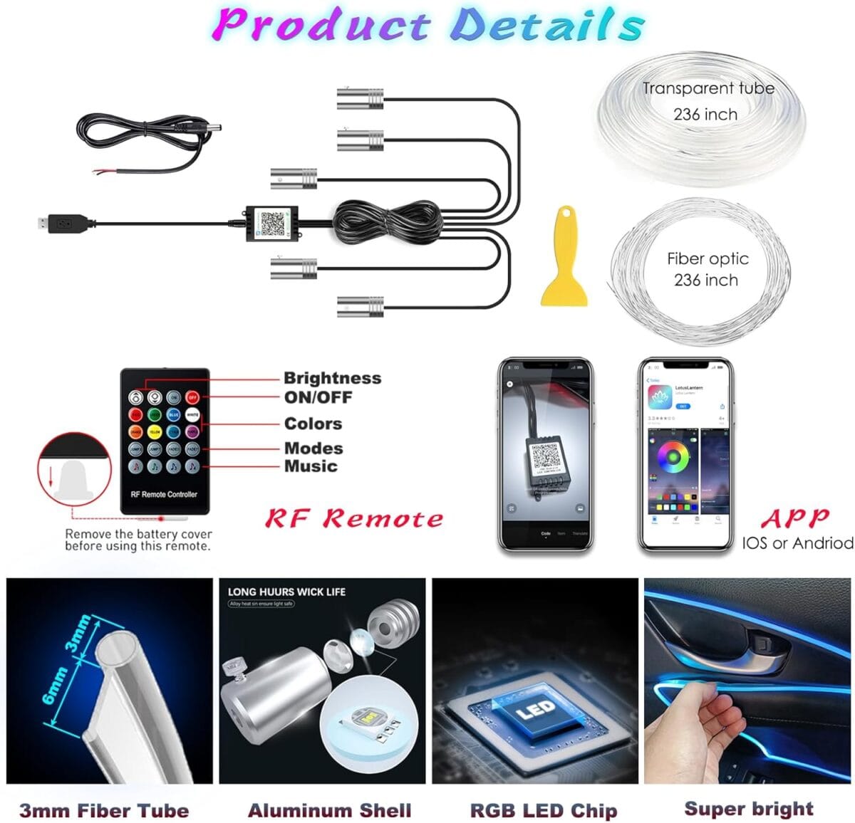 Interior Car LED Strip Lights with Wireless APP and Remote Control, RGB 5 in 1 Ambient Lighting Kits with 236 inches Fiber Optic, 16 Million Colors Car Neon Lights, Sync to Music