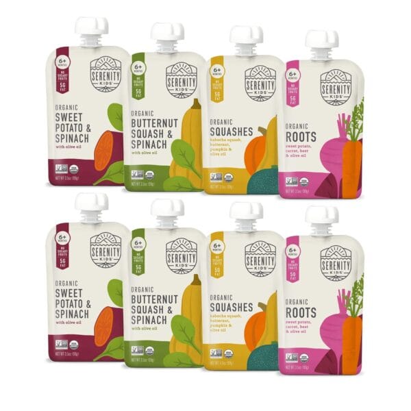 Serenity Kids 6+ Months Certified Organic Baby Food Pouches Veggie Puree - No Sugary Fruits/Added Sugar - Allergen Free - 3.5 Ounce BPA-Free Bag - Variety Pack - Baby Food Veggies Puree - 8 Count