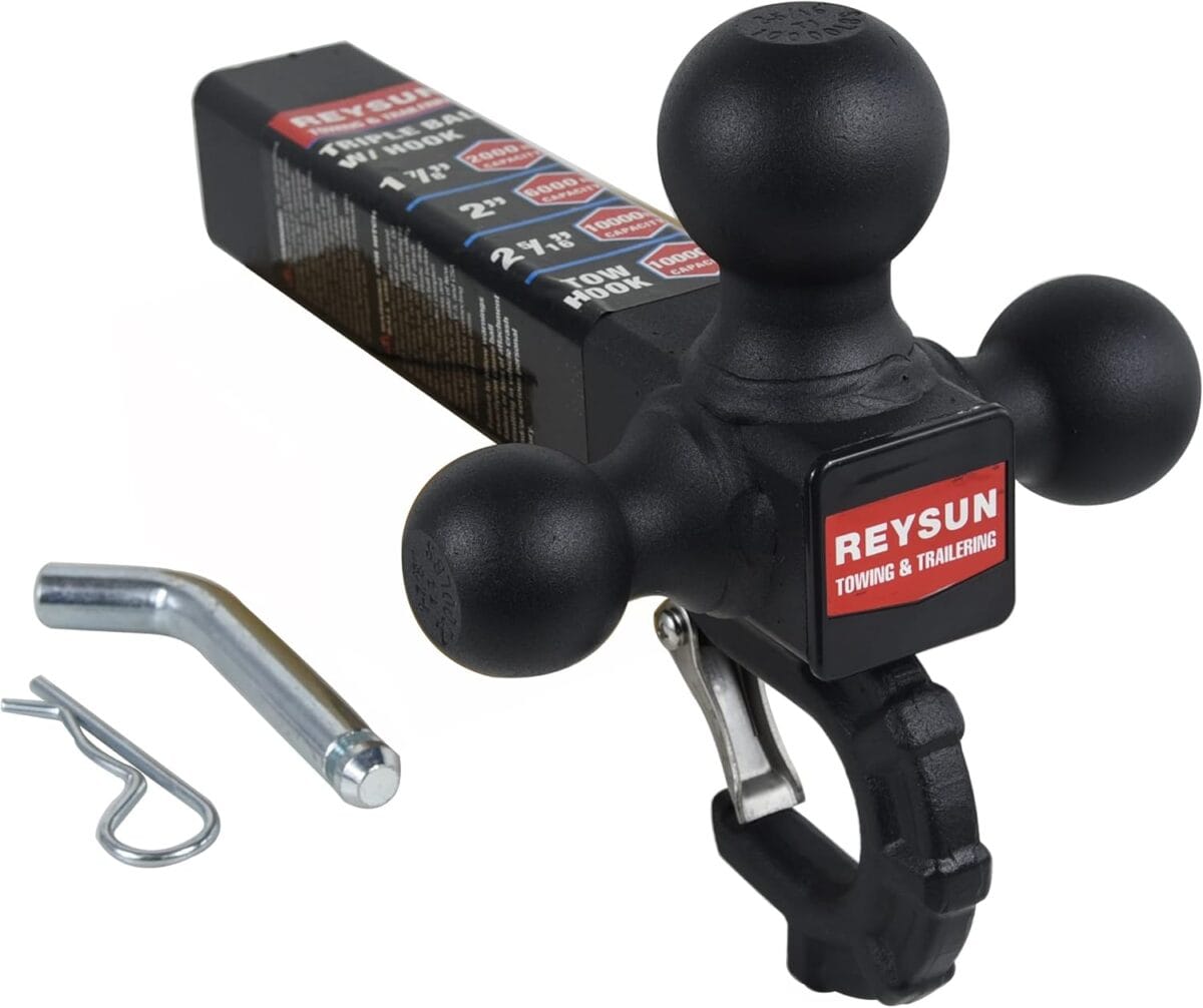 Trailer Hitch Tri-Ball Hitch with Hook: Tactical Tow Ball Hitch, Fits 2-inch Hitch Receiver, Secure with Self-Lock Latch, Matt Black
