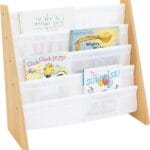 Humble Crew 4-Tier Kids Bookshelf, Natural Wood/White - Premium Book Shelf for Kids Rooms with Four Deep Pockets - Toddler Sling Book Rack with Deep Sleeves, Nursery Bookcase Organizer