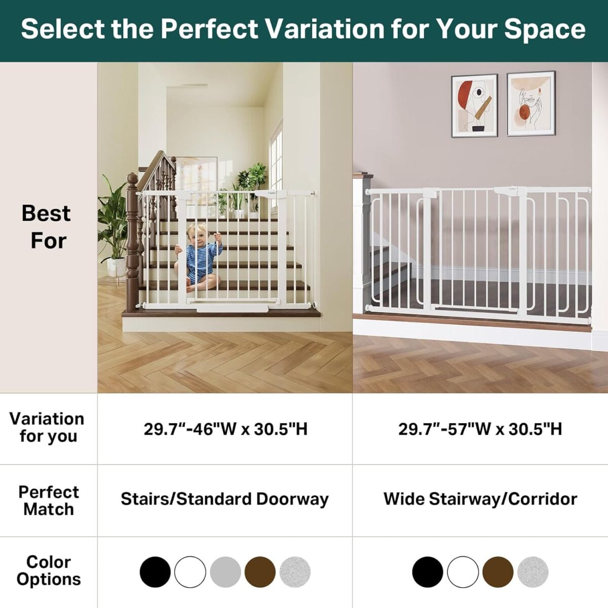 Cumbor 29.7-46″ Baby Gate for Stairs, Toddler Safety Essentials for The House, Auto Close Dog Gate for Doorways, Mom’s Choice Awards Winner-Easy Install Pressure Mounted Pet Gates for Dogs, White