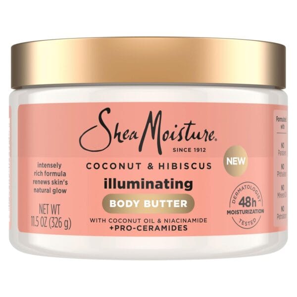 SheaMoisture Illuminating Body Butter with Coconut & Hibiscus, Niacinamide and Pro-Ceramides, Renewing Skins Natural Glow, 48H Moisturizing 11.5 oz