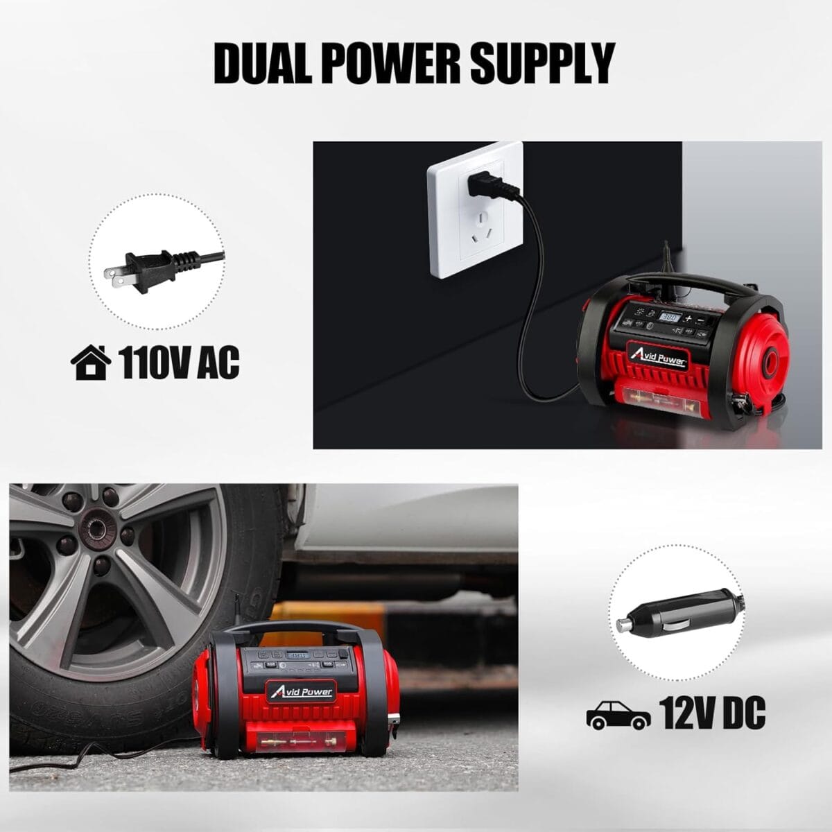 AVID POWER Tire Inflator Portable Air Compressor, 12V DC / 110V AC Car Tire Pump, Air Mattress Pump with Inflation and Deflation Modes, Dual Powerful Motors, Digital Pressure Gauge