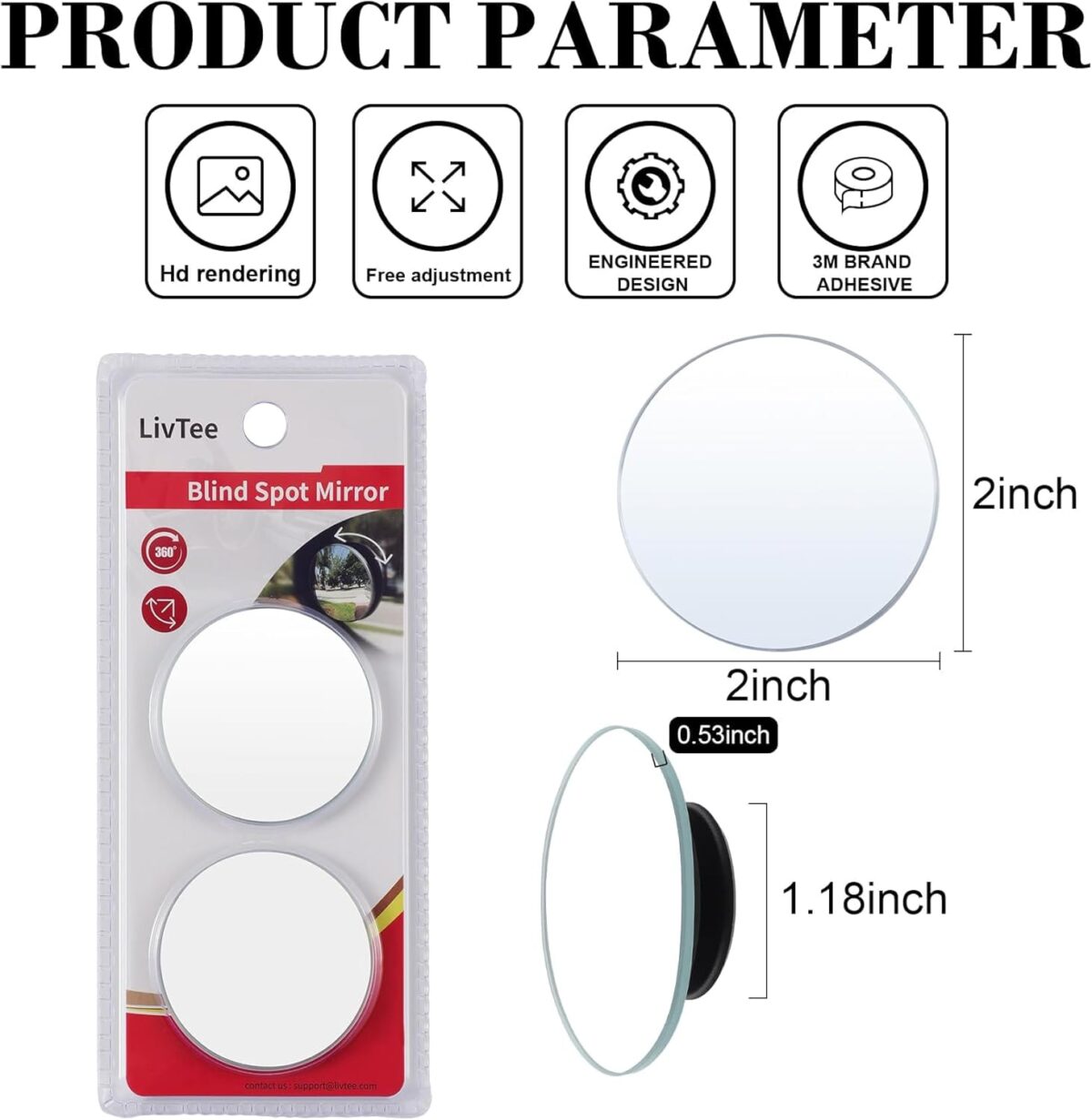 LivTee Blind Spot Mirror, 2″ Round HD Glass Frameless Convex Rear View Mirrors Exterior Accessories with Wide Angle Adjustable Stick for Car SUV and Trucks, Pack of 2