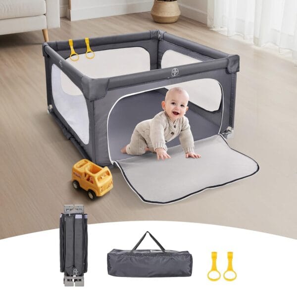 Foldable Baby Playpen, 5050 Inch Play Pens for Babies and Toddlers, Indoor & Outdoor Kids Safety Fence with Gate, Portable Play Yard with 360 Visible Mesh and Carrying Bag, Grey