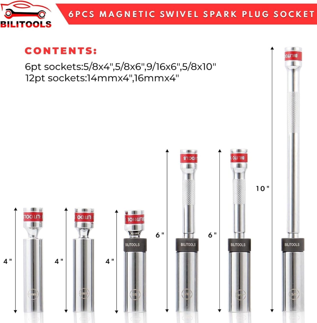 BILITOOLS 6 Piece 3/8-Inch Drive Magnetic Swivel Spark Plug Socket Set-includes 9/16-Inch, 5/8-Inch, 14mm, 16mm Socket & 3/8-inch Drive with 6-Point and 12-Point, CR-V