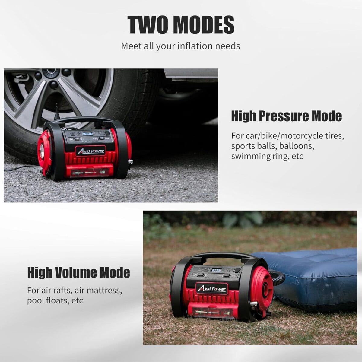 AVID POWER Tire Inflator Portable Air Compressor, 12V DC / 110V AC Car Tire Pump, Air Mattress Pump with Inflation and Deflation Modes, Dual Powerful Motors, Digital Pressure Gauge