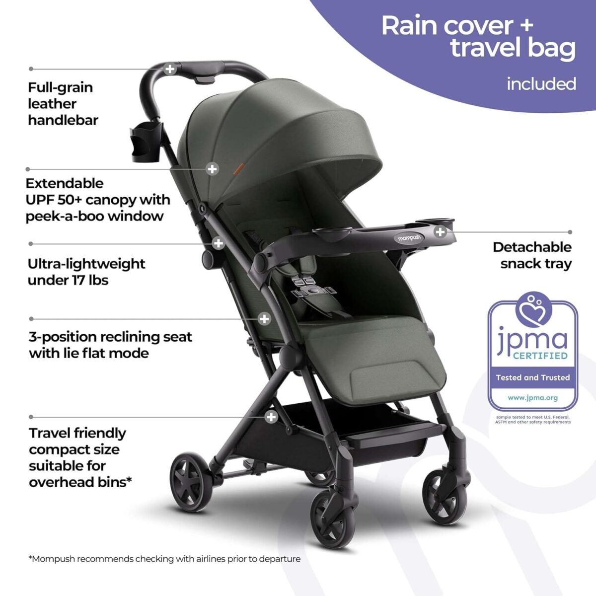 Mompush Lithe V2 Lightweight Stroller with Snack Tray, Ultra Compact Fold & Airplane Ready Travel Stroller, Near Flat Recline Seat, Cup Holder, Raincover & Travelbag Included