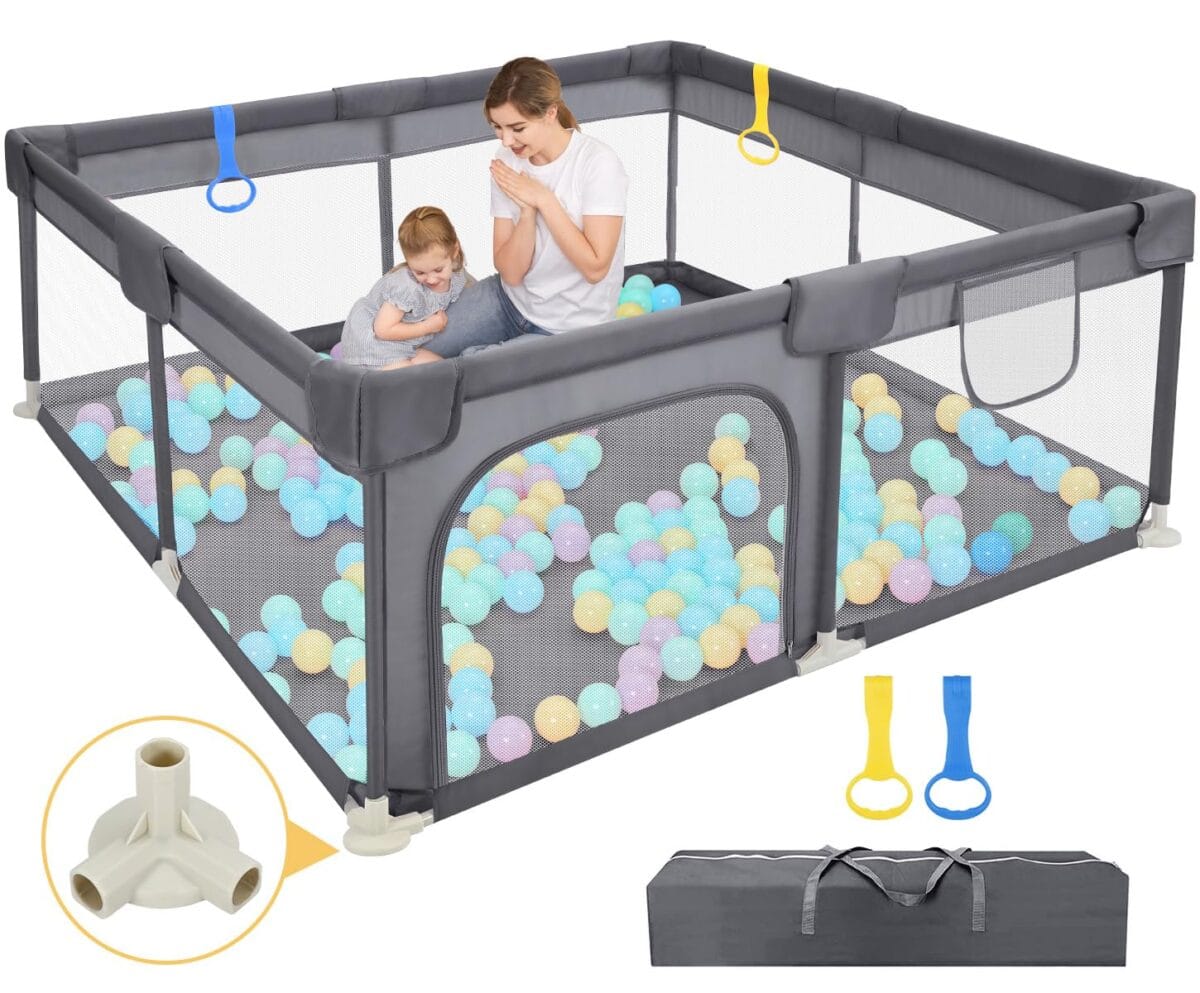 Dripex Baby Playpen, 52"52" Play Pens for Babies and Toddlers, Safe Anti-Fall Play Yard with Gates, Baby Fence with Breathable Mesh, Indoor & Outdoor Kids Activity Center, Anchor Grey