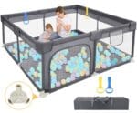 Dripex Baby Playpen, 52"52" Play Pens for Babies and Toddlers, Safe Anti-Fall Play Yard with Gates, Baby Fence with Breathable Mesh, Indoor & Outdoor Kids Activity Center, Anchor Grey