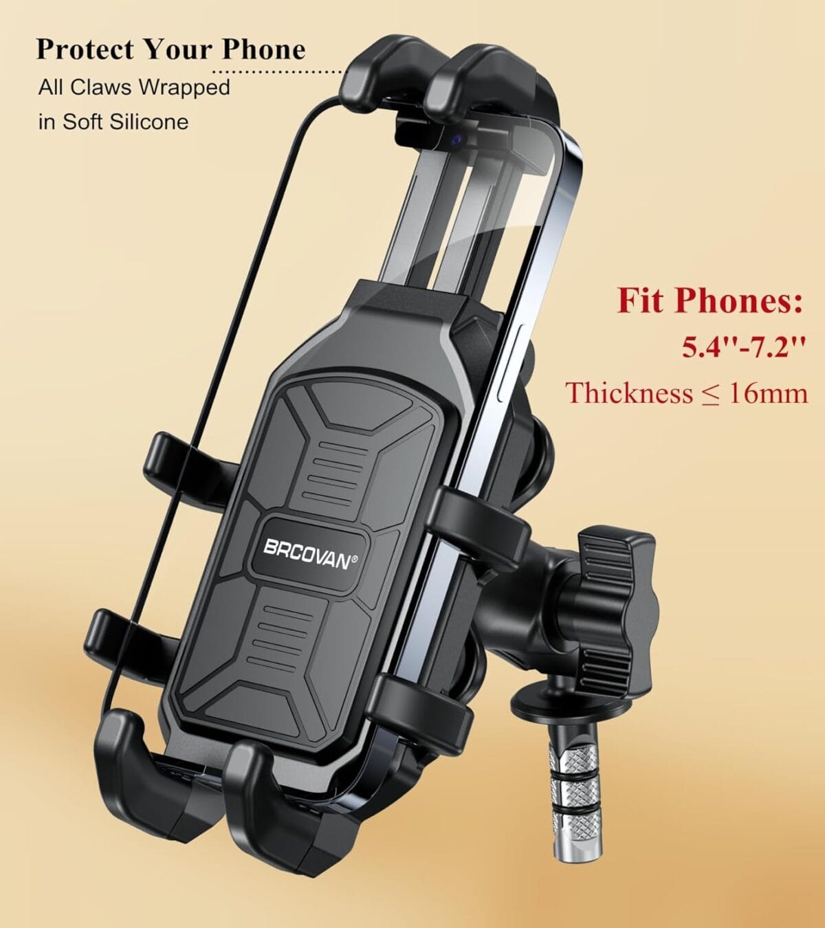 BRCOVAN Motorcycle Fork Stem Phone Mount with Vibration Dampener, Adjustable Heavy Duty Motorcycle Cellphone Holder Fit Stem Tubes 12mm-25.4mm in Diameter, Compatible with 5.4”-7.2” Smartphones