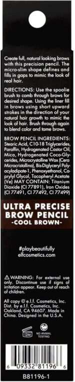 e.l.f. Ultra Precise Brow Pencil, Creamy, Micro-Slim, Precise, Defines, Creates Full, Natural-Looking Brows, Tames and Combs Brow Hair, Cool Brown, 0.002 Oz