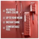 Maybelline Super Stay Vinyl Ink Longwear No-Budge Liquid Lipcolor Makeup, Highly Pigmented Color and Instant Shine, Peppy, Pink Lipstick, 0.14 fl oz, 1 Count