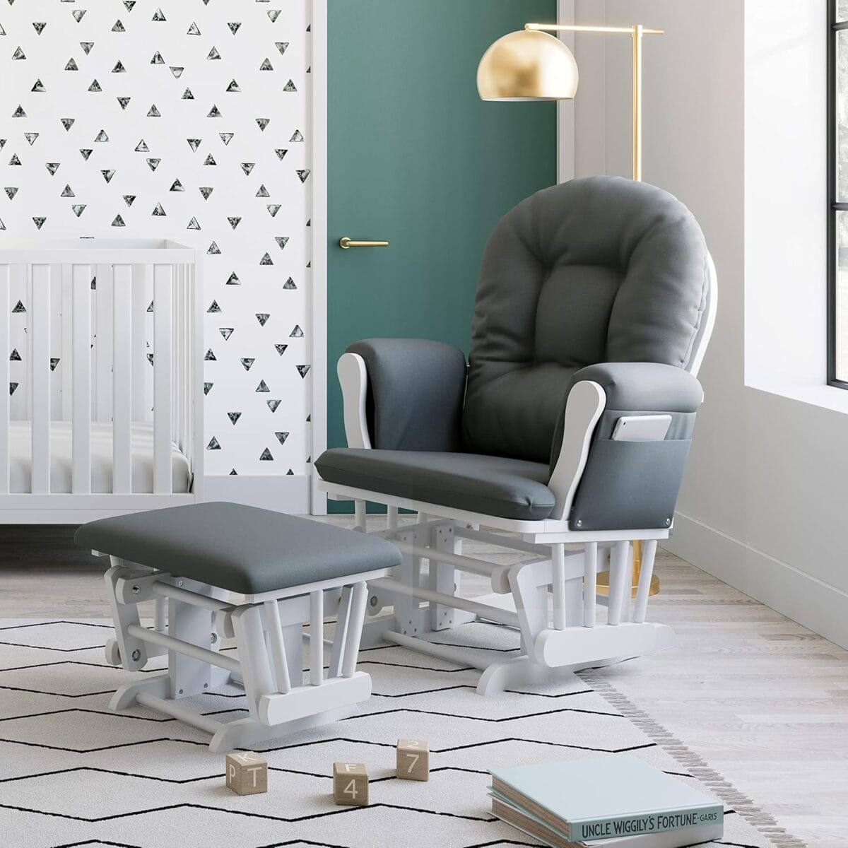 Storkcraft Premium Hoop Glider and Ottoman (White Base, Gray Cushion)  Padded Cushions with Storage Pocket, Smooth Rocking Motion, Easy to Assemble, Solid Hardwood Base