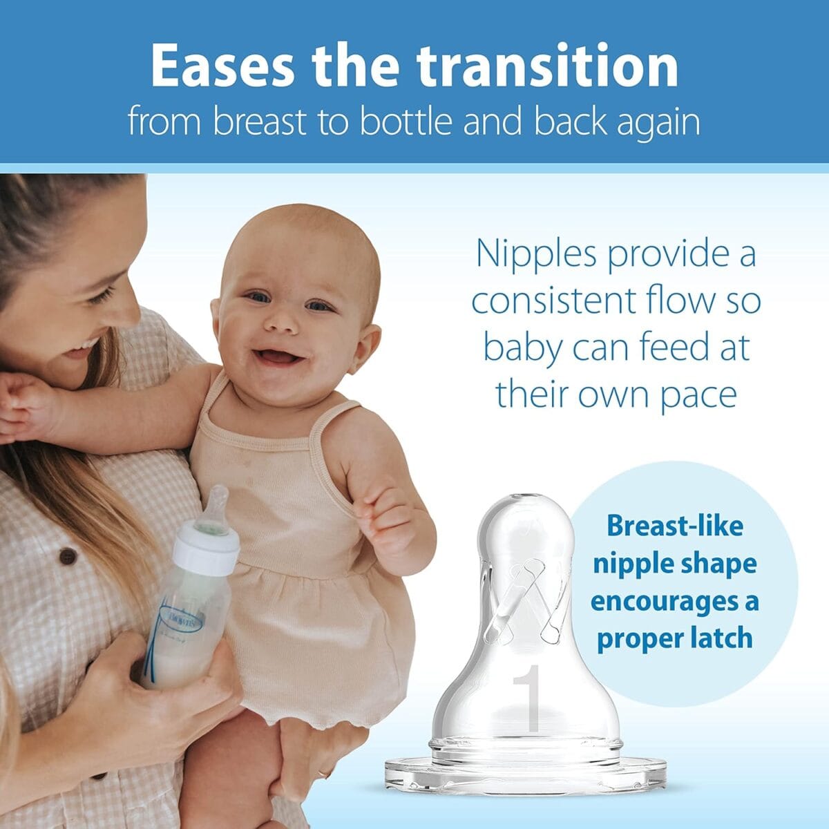 Dr. Brown’s Natural Flow Anti-Colic Options+ Narrow Baby Bottle, 8 oz/250 mL, with Level 1 Slow Flow Nipples, 0m+, 4 Pack