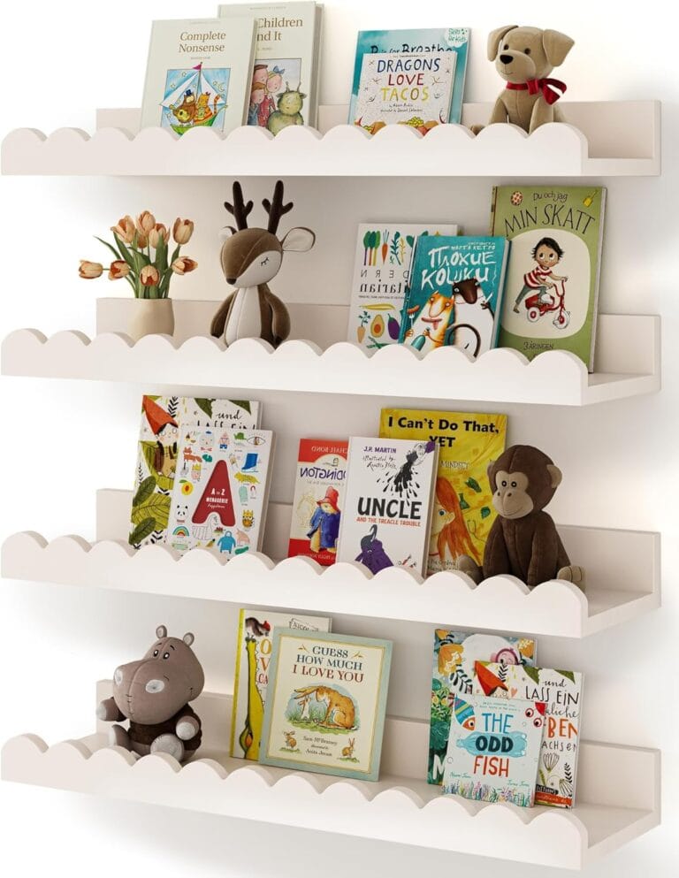 Nursery Book Shelves, 4-Pack White Floating Shelves for Wall Kids, Scalloped Shelves, Wall Book Shelves for Bedroom Kids, Toddler Room, Baby Room, Nursery Decor