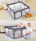 Dripex Baby Playpen, 52″52″ Play Pens for Babies and Toddlers, Safe Anti-Fall Play Yard with Gates, Baby Fence with Breathable Mesh, Indoor & Outdoor Kids Activity Center, Anchor Grey