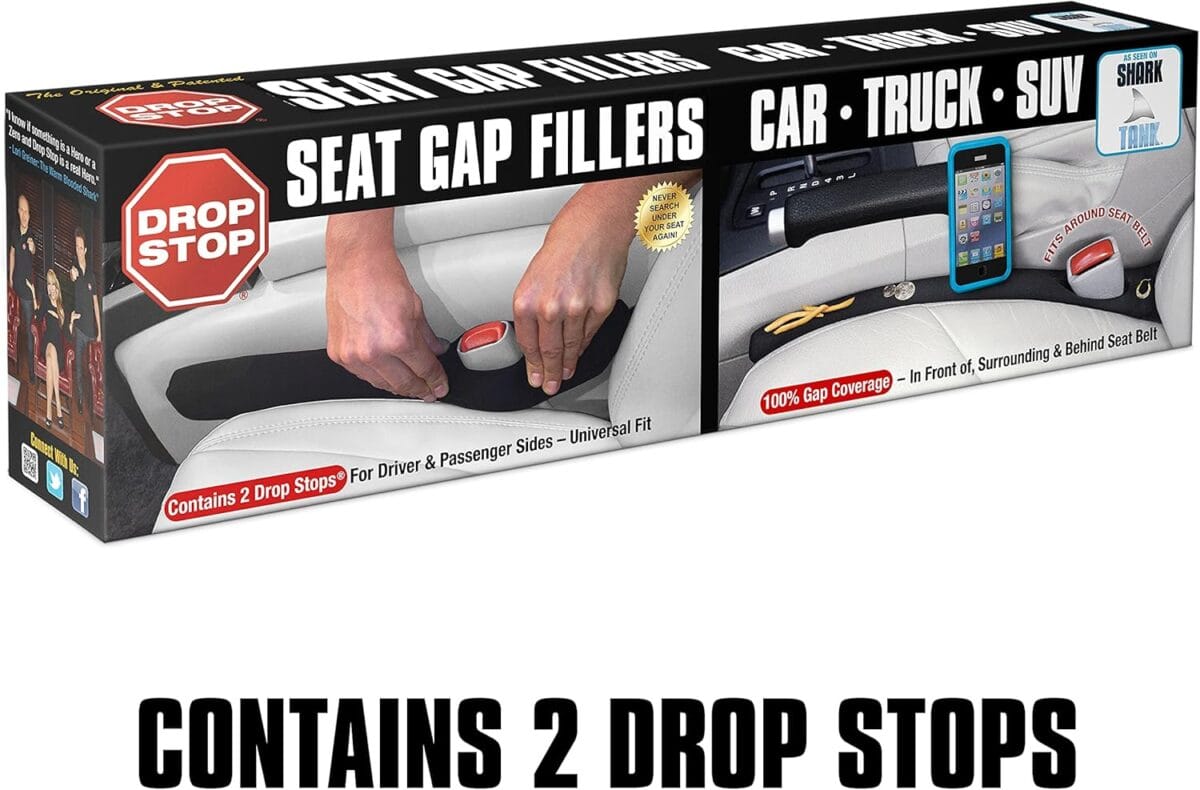 Drop Stop – The Original Patented Car Seat Gap Filler (As Seen On Shark Tank) – Between Seats Console Organizer, Set of 2 and Slide Free Pad and Light