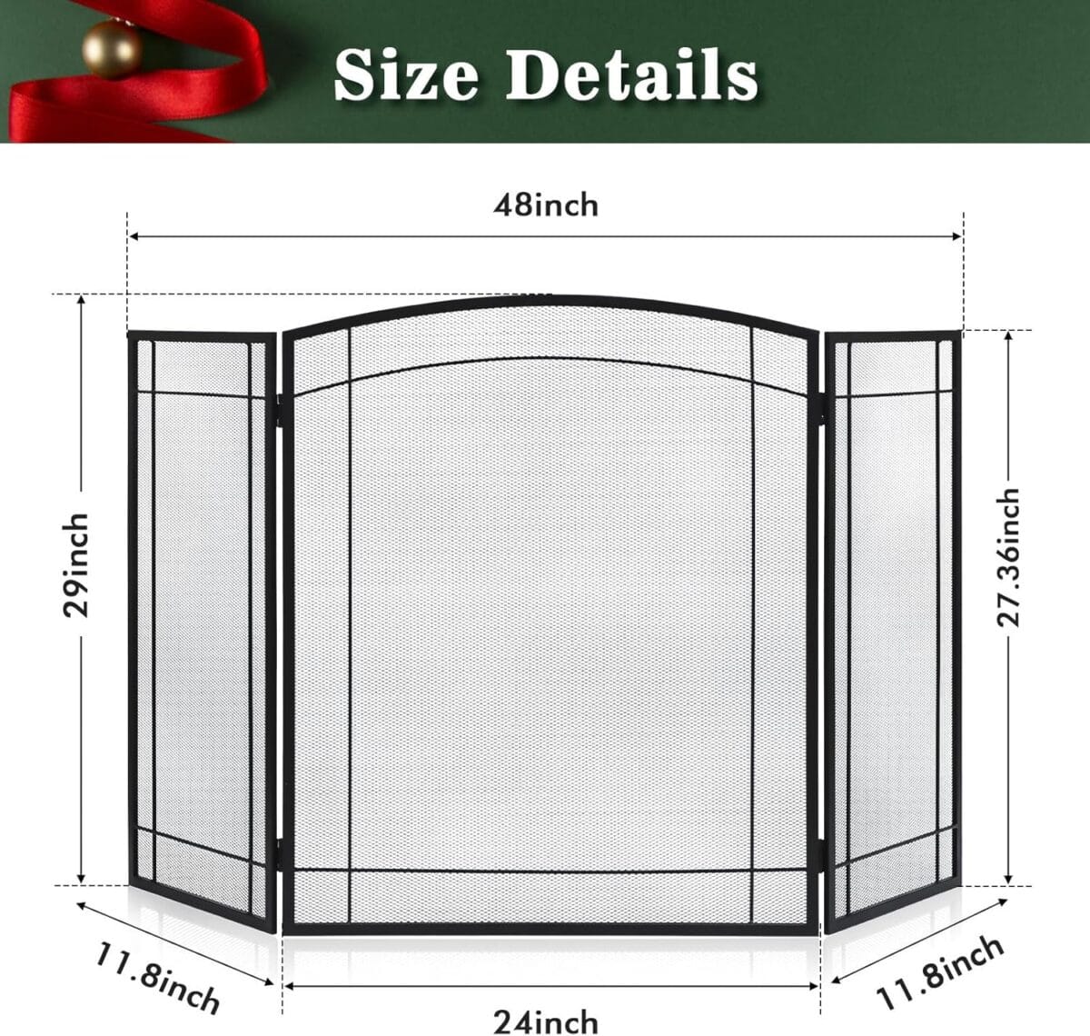 FEED GARDEN 3 Panel Fireplace Screen 48″ W x 29″ H Modern Foldable with Wrought Metal Decorative Mesh,Arch Heavy Duty Fire Spark Guard Cover for Home Decor Indoor, Black
