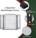 FEED GARDEN 3 Panel Fireplace Screen 48″ W x 29″ H Modern Foldable with Wrought Metal Decorative Mesh,Arch Heavy Duty Fire Spark Guard Cover for Home Decor Indoor, Black