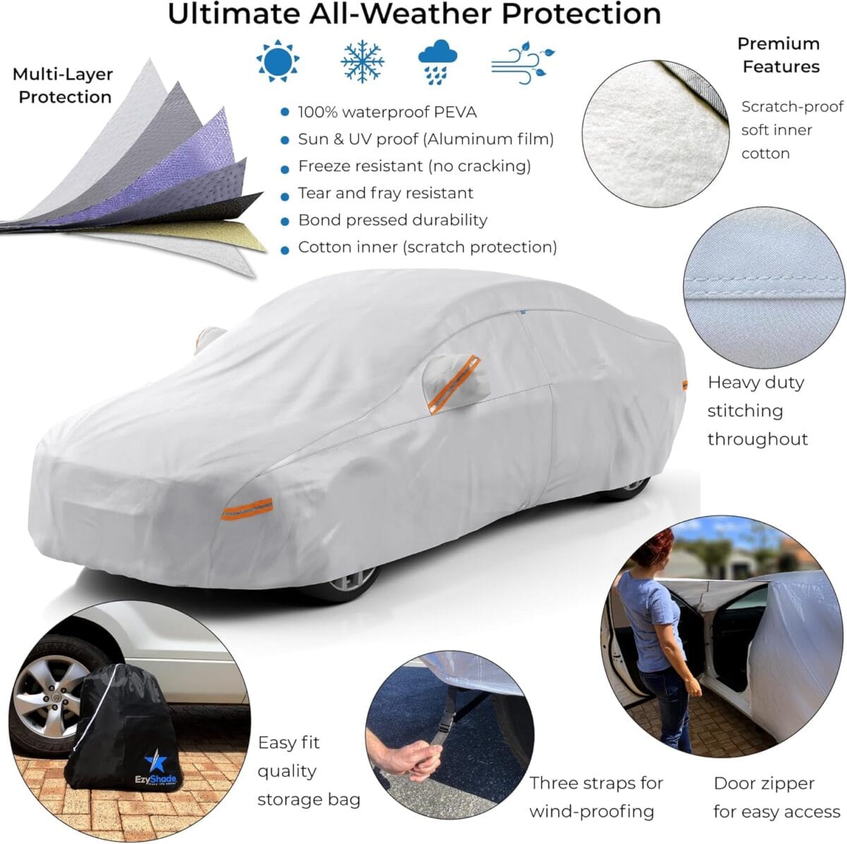 EzyShade 10-Layer Car Cover Waterproof All Weather – See Vehicle Size-Chart – Car Covers for Automobiles & Car Snow Cover – Full Exterior Covers – Winter Rain Sun SUV Sedan. Size A4 (See Size Chart)