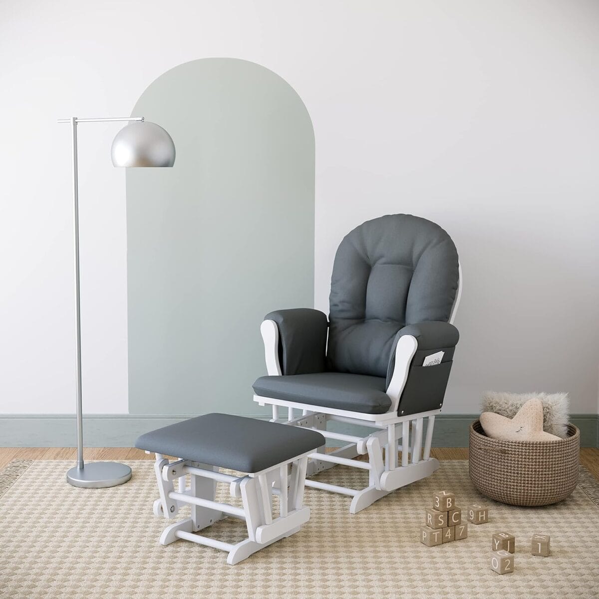 Storkcraft Premium Hoop Glider and Ottoman (White Base, Gray Cushion)  Padded Cushions with Storage Pocket, Smooth Rocking Motion, Easy to Assemble, Solid Hardwood Base