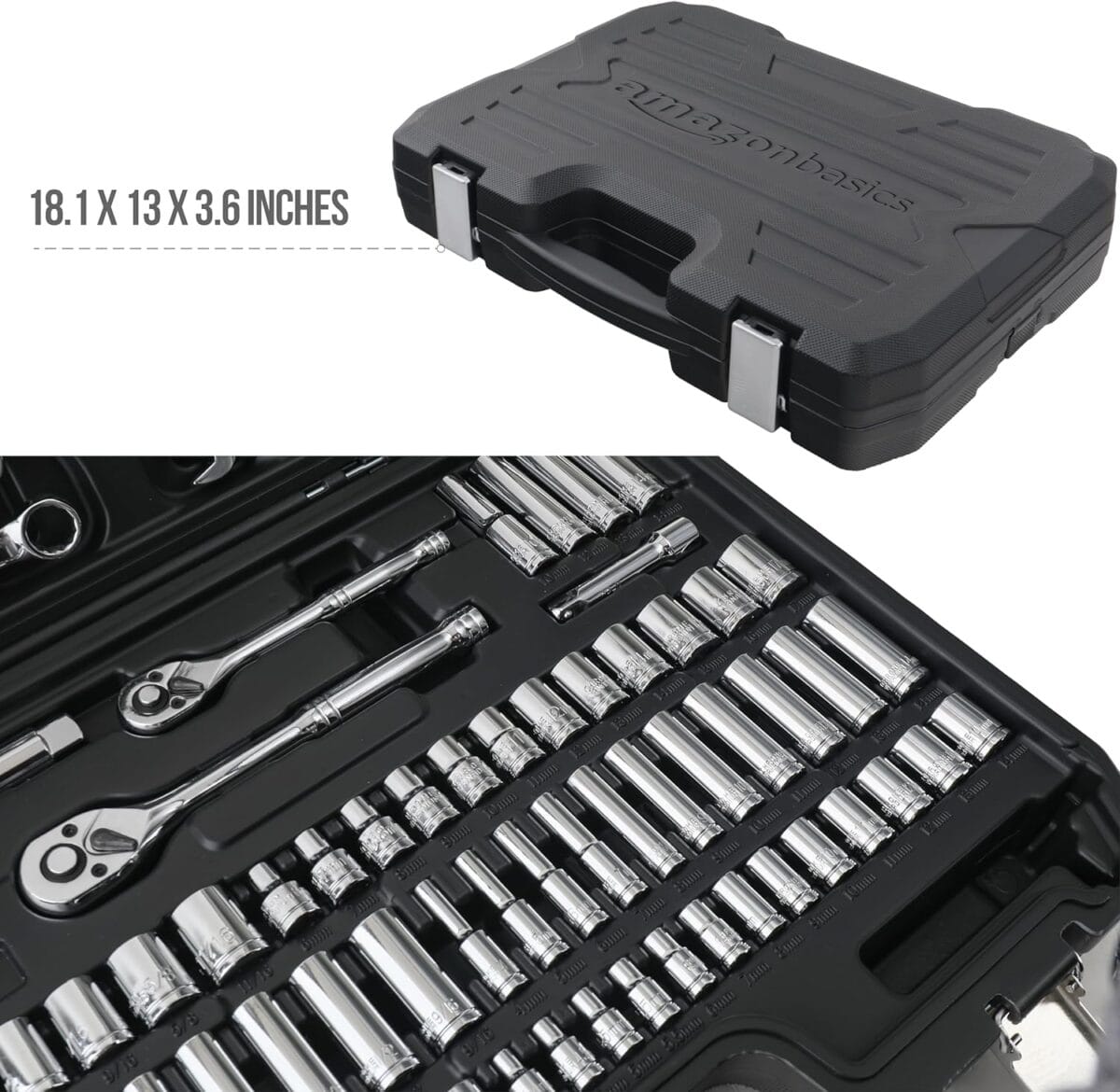 Amazon Basics Mechanic Tool Set with Case, Anti-Corrosion, SAE and Metric sizes 145-Piece