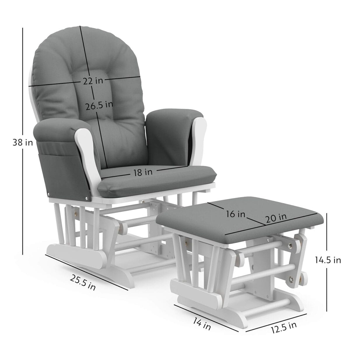 Storkcraft Premium Hoop Glider and Ottoman (White Base, Gray Cushion)  Padded Cushions with Storage Pocket, Smooth Rocking Motion, Easy to Assemble, Solid Hardwood Base