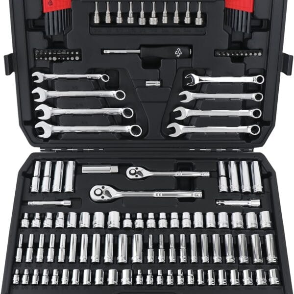 Amazon Basics Mechanic Tool Set with Case, Anti-Corrosion, SAE and Metric sizes 145-Piece