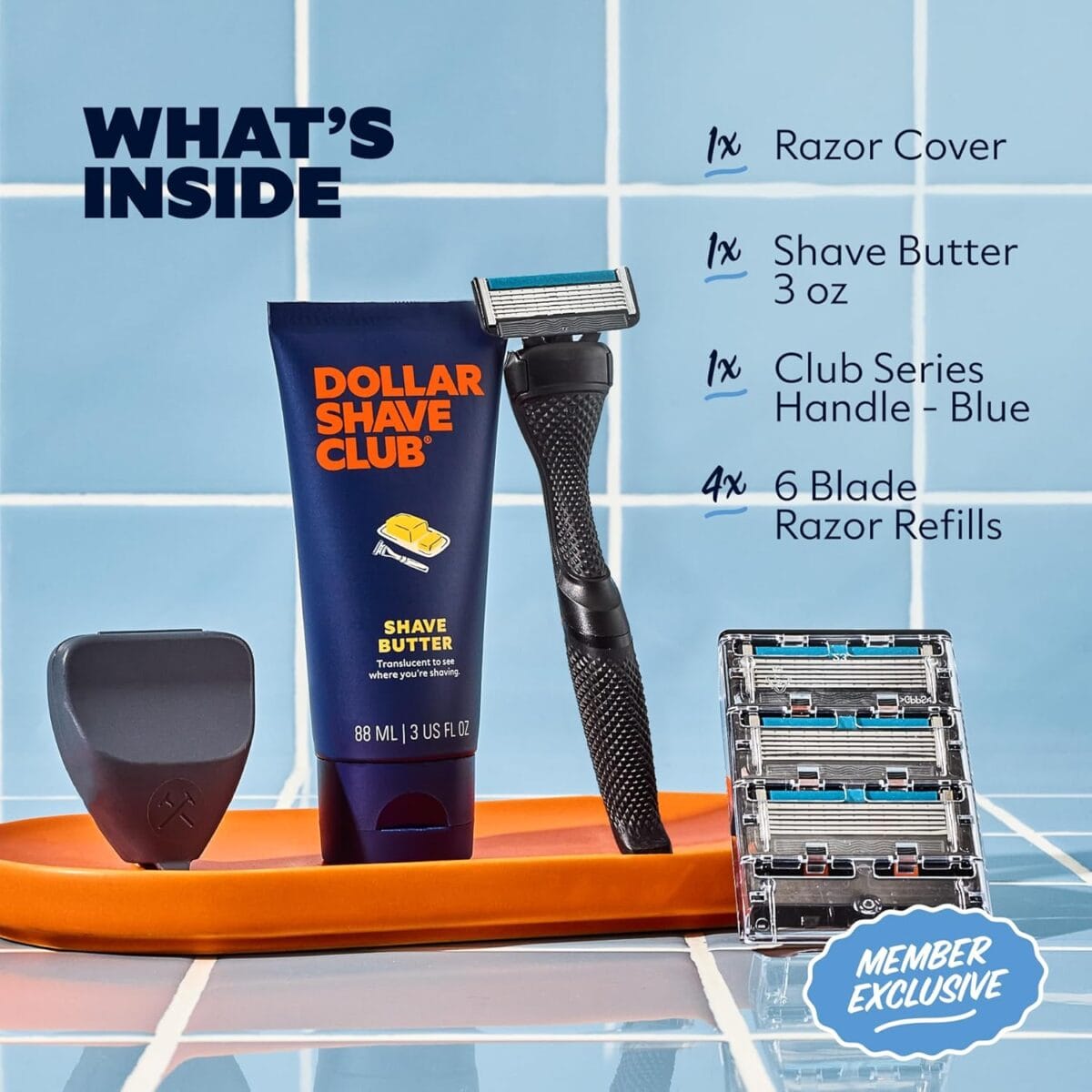Dollar Shave Club | The Member Exclusive Shave Set | 4 Extra Close Refill Cartridges, 1 Handle (Black), 1 Shave Butter 3 ounce, 1 Razor Cover