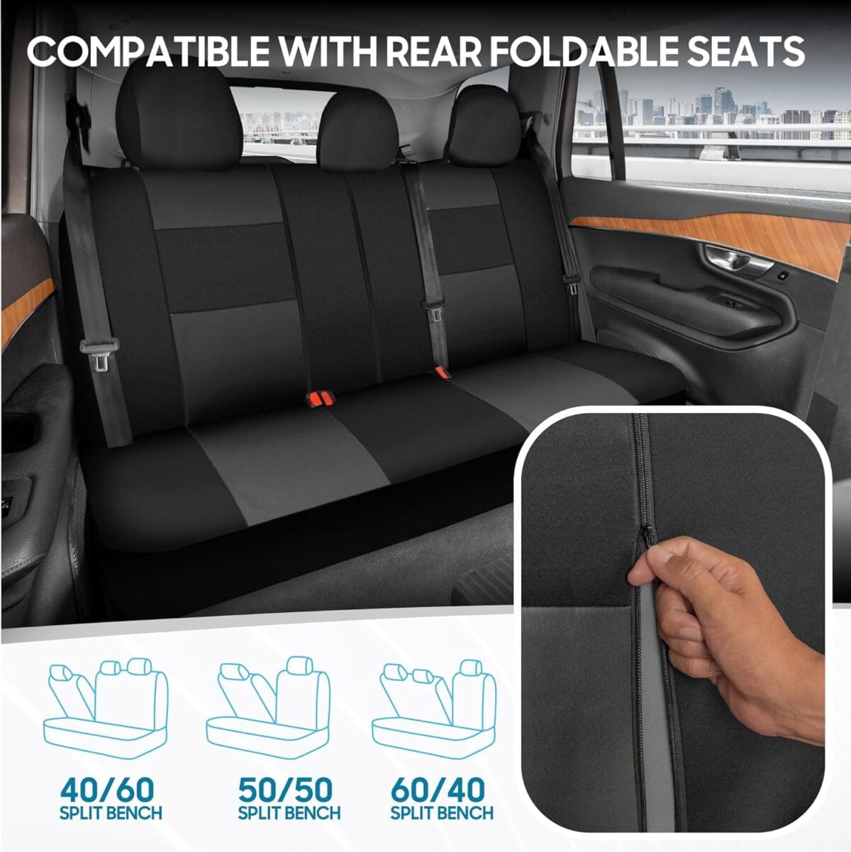 BDK PolyPro Car Seat Covers Full Set in Charcoal on Black  Front and Rear Split Bench for Cars, Easy to Install Cover Set, Accessories Auto Trucks Van SUV
