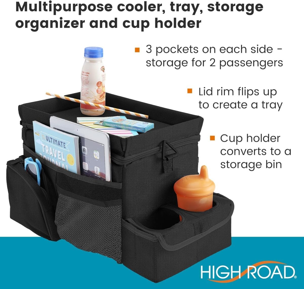 High Road CarHop Car Seat Organizer for the Front or Back Seat for Kids and Adults with Cup Holder Tray, Side Pockets and Cooler Compartment