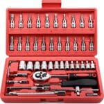 Egofine 46 Pieces 1/4 inch Drive Socket Ratchet Wrench Set, with Bit Socket Set Metric and Extension Bar for Auto Repairing and Household, with Storage Case