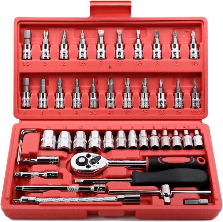 Egofine 46 Pieces 1/4 inch Drive Socket Ratchet Wrench Set, with Bit Socket Set Metric and Extension Bar for Auto Repairing and Household, with Storage Case