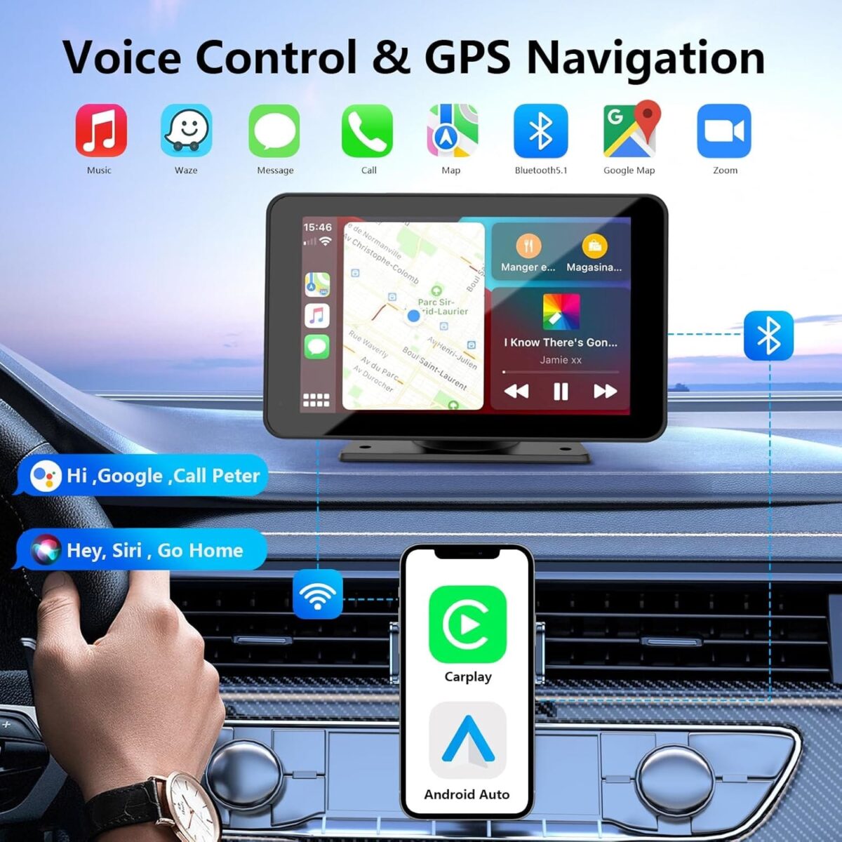 Apple Carplay Screen for Car, 7″ HD Portable Car Stereo Touch Screen with Wireless Android Auto, Backup Camera, Car Audio Receivers with Voice Control, Mirror Link, Bluetooth, GPS Navigation